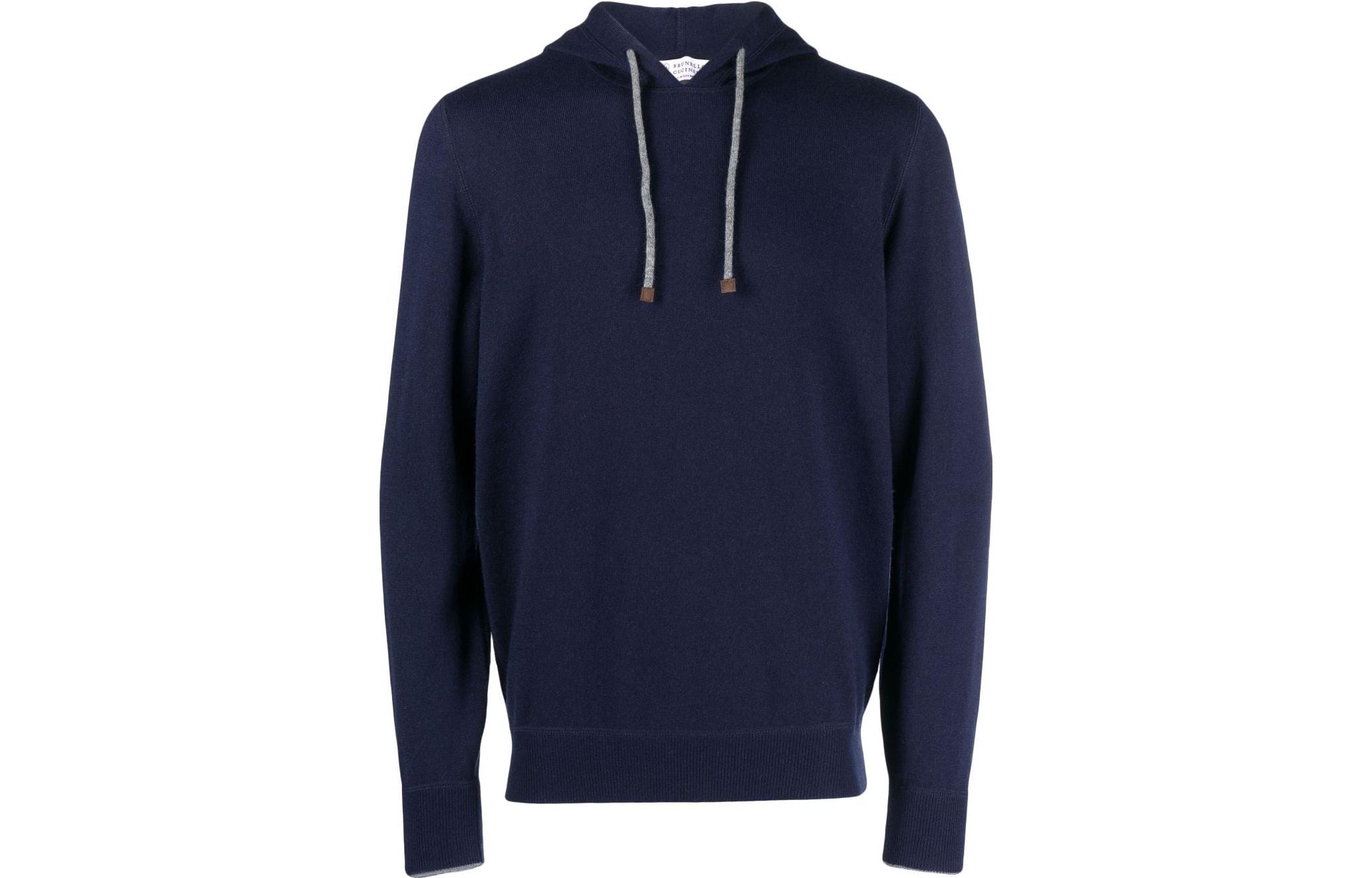 Brunello Cucinelli Solid Blue Wool Drawstring Hoodie for Men M2223218CA058