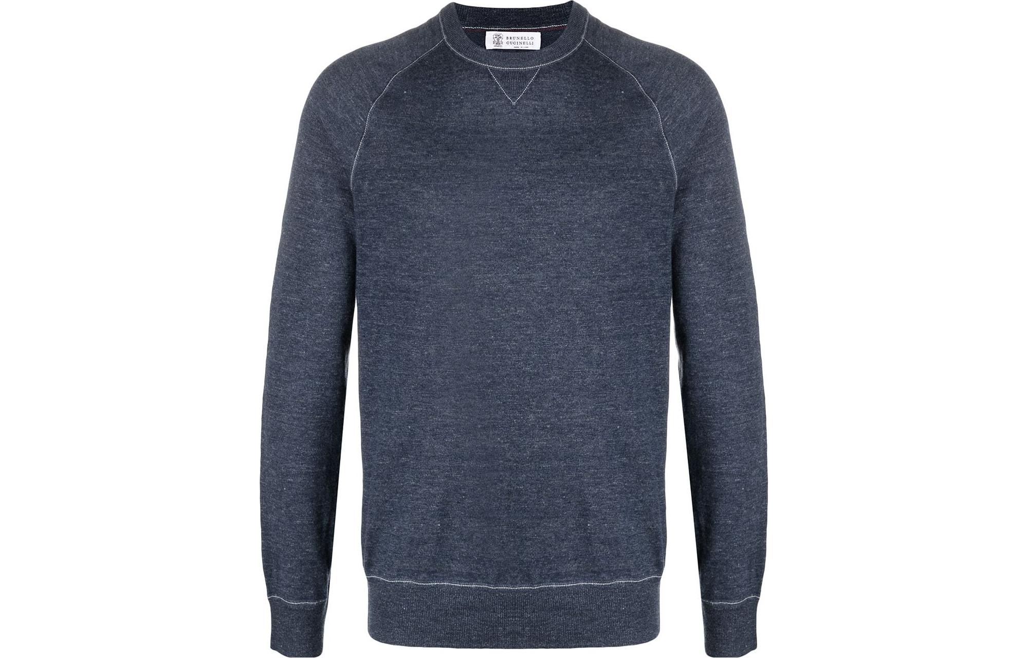 Brunello Cucinelli Solid Color Crewneck Pullover Sweatshirt Blue M2L12600-CY062