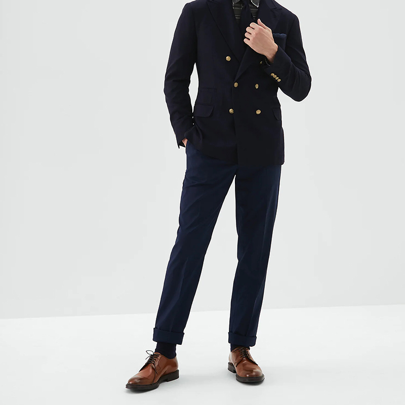 Shop 布内洛·库奇内利男士海军蓝中腰直筒休闲裤 M289LI1770-C2517