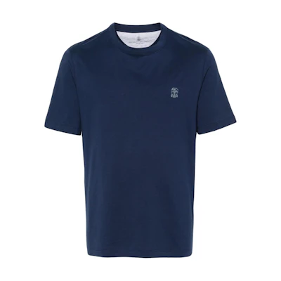 Brunello Cucinelli Solid Navy Crewneck Short Sleeve T-Shirt for Men. POIZON2406201076