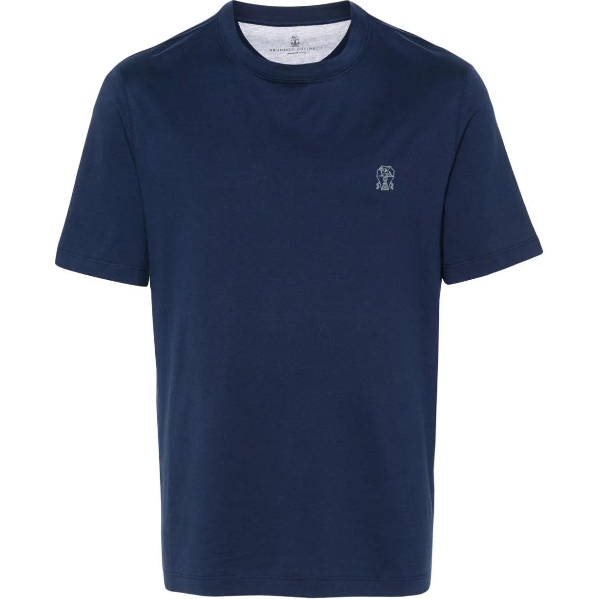 Order Brunello Cucinelli Kemeja-T Lengan Pendek Leher Bulat Navy Solid Lelaki. POIZON2406201076