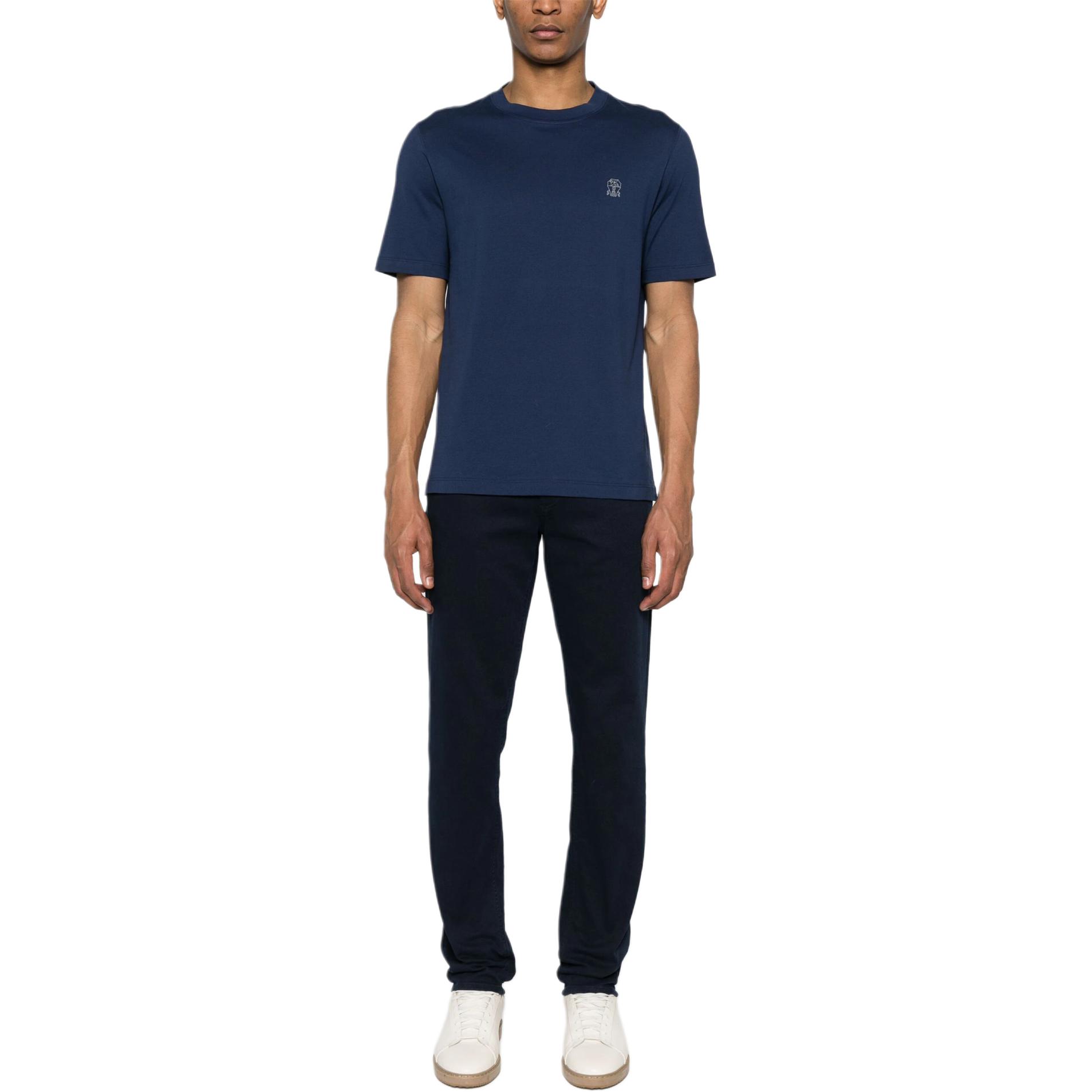 Lookbook Brunello Cucinelli Kemeja-T Lengan Pendek Leher Bulat Navy Solid Lelaki. POIZON2406201076