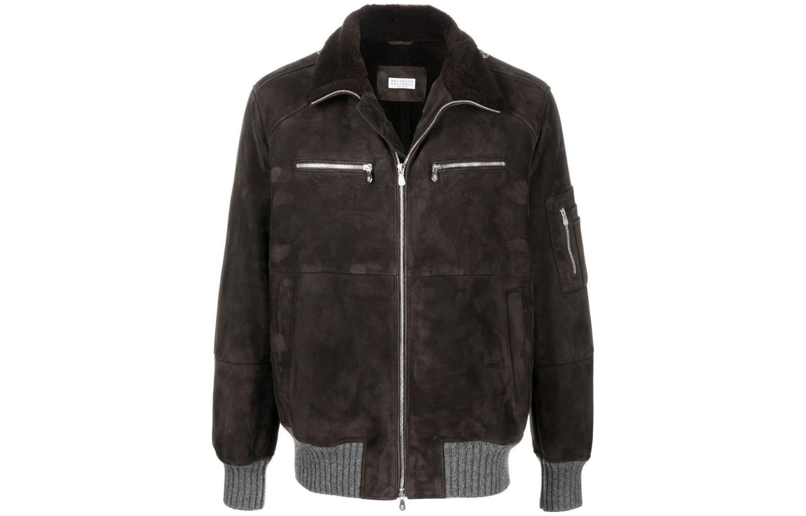 Brunello Cucinelli Solid Ribbed Trim Zip Jacket Dark Brown MPMIN1886CO747