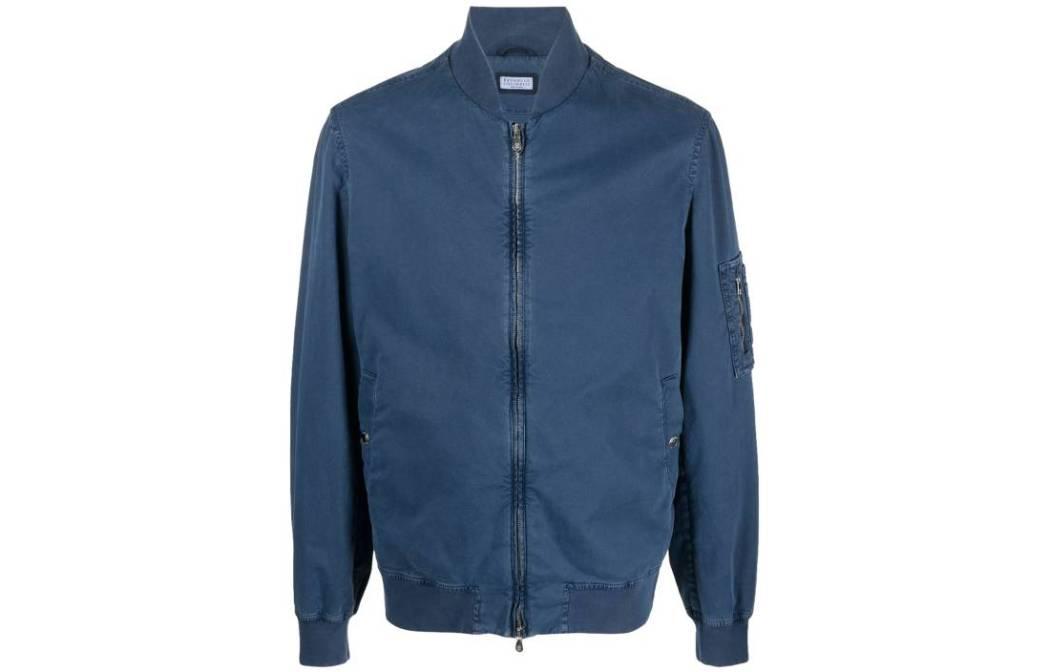 Brunello Cucinelli SS22 Blue Solid Color Zip Bomber Jacket MA0816499-C6274