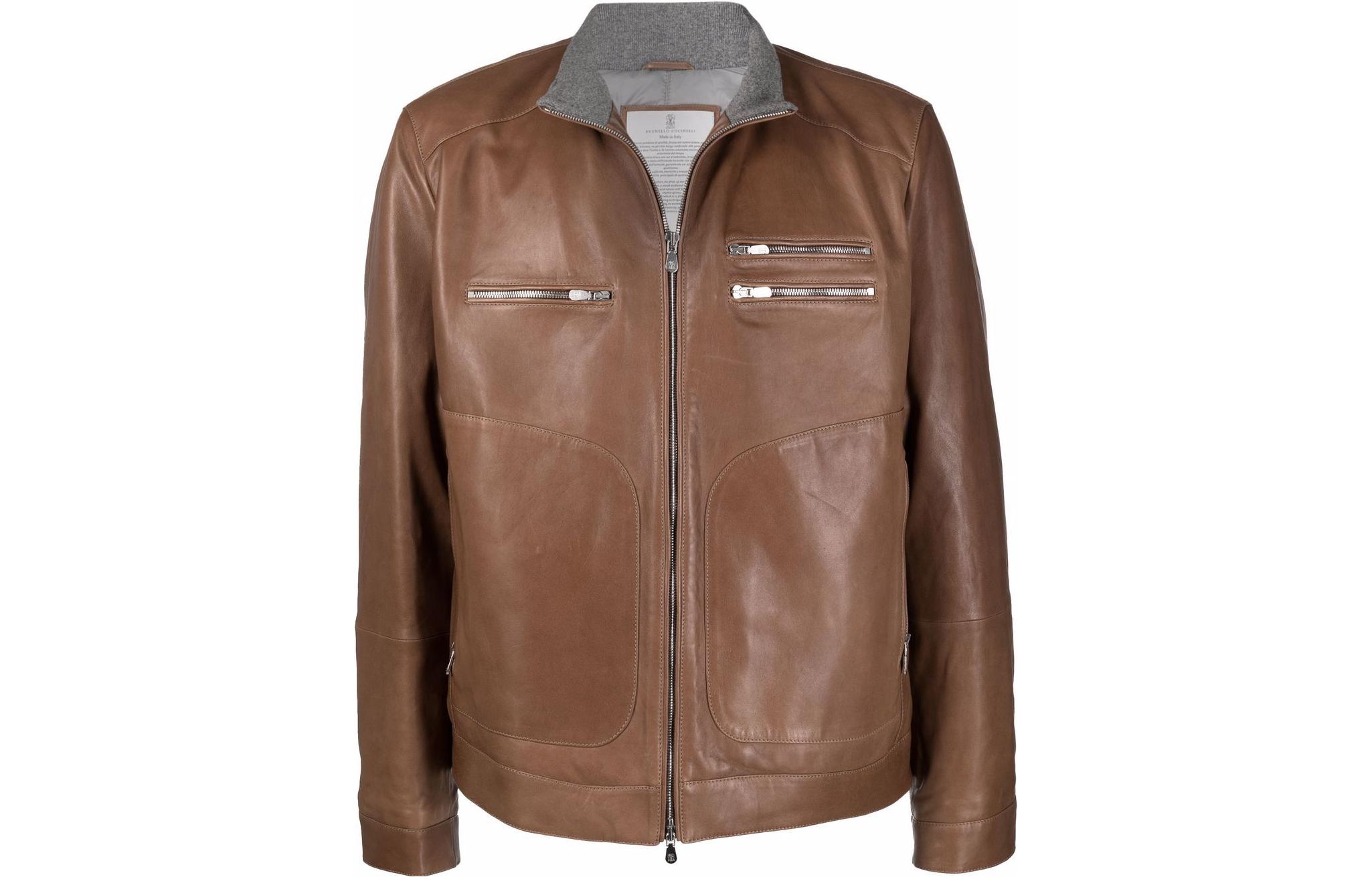 Brunello Cucinelli SS22 Brown Leather High-Neck Ribbed Jacket MPDAN1787C-Q049