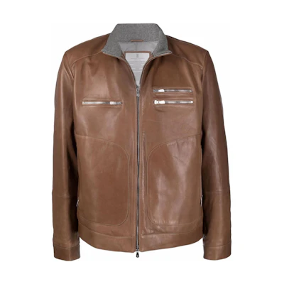 Brunello Cucinelli SS22 Brown Leather High-Neck Ribbed Jacket MPDAN1787C-Q049