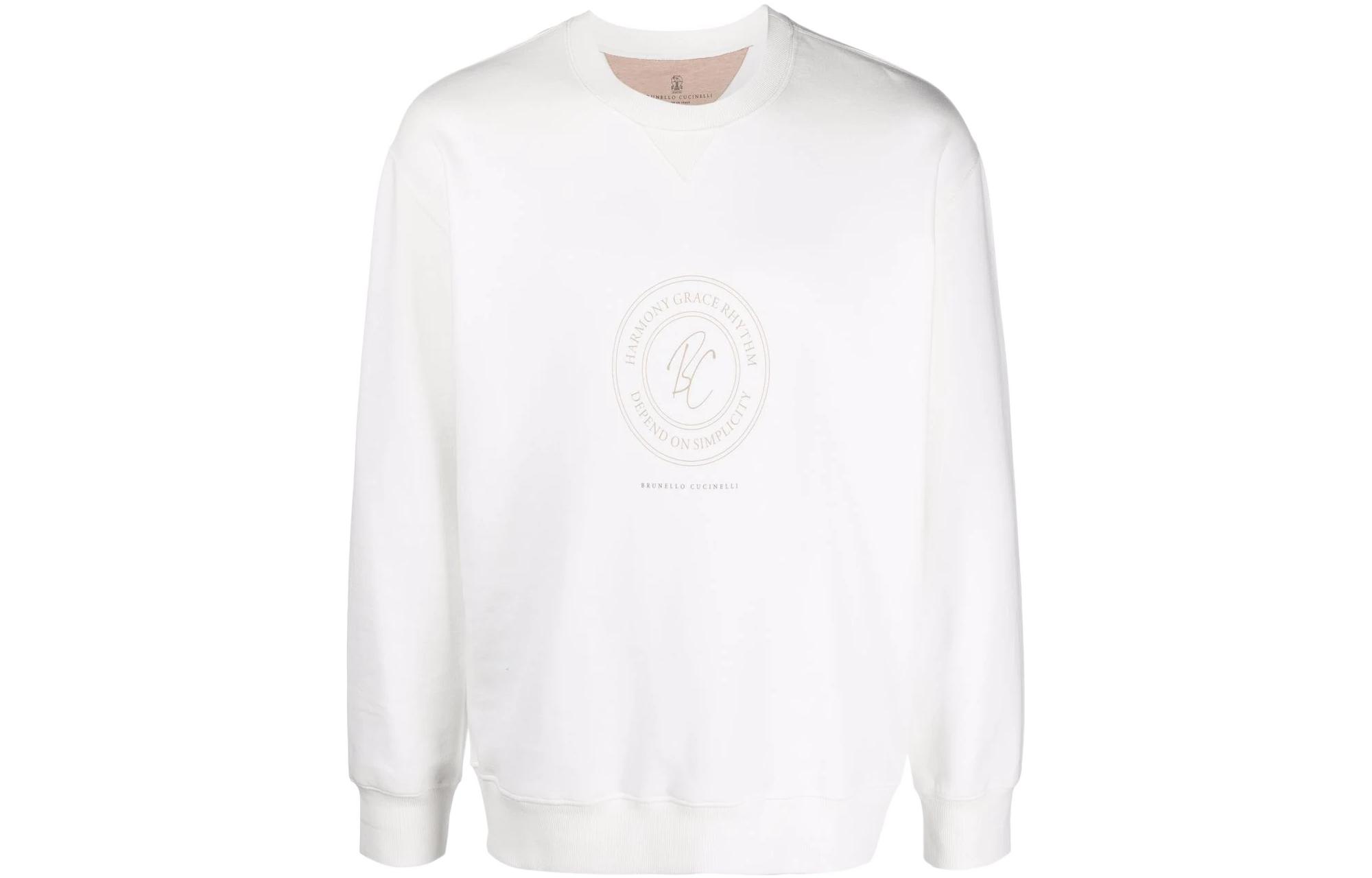 Brunello Cucinelli SS22 Logo Print White Crewneck Sweatshirt M0T353420-CIE39