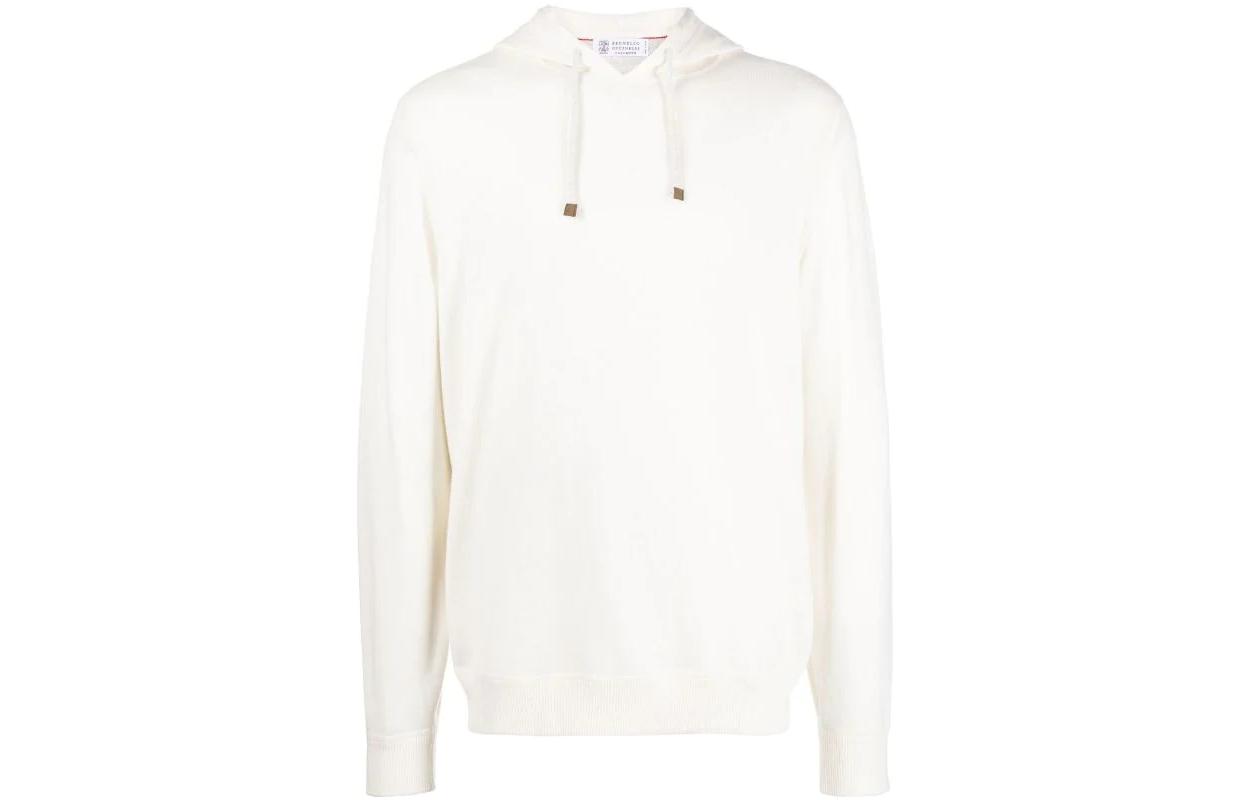 Brunello Cucinelli SS22 White Cashmere Pullover Hoodie with Drawstring. M2223218-CO312
