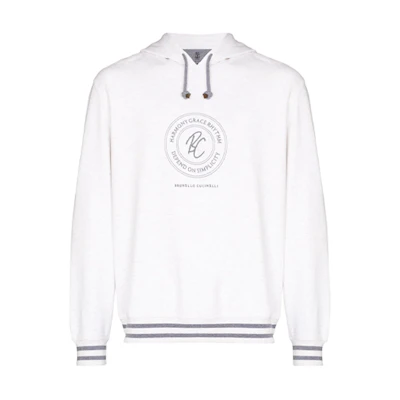 Brunello Cucinelli SS22 White Hoodie with Embroidered Logo M0T359129G-CNS64