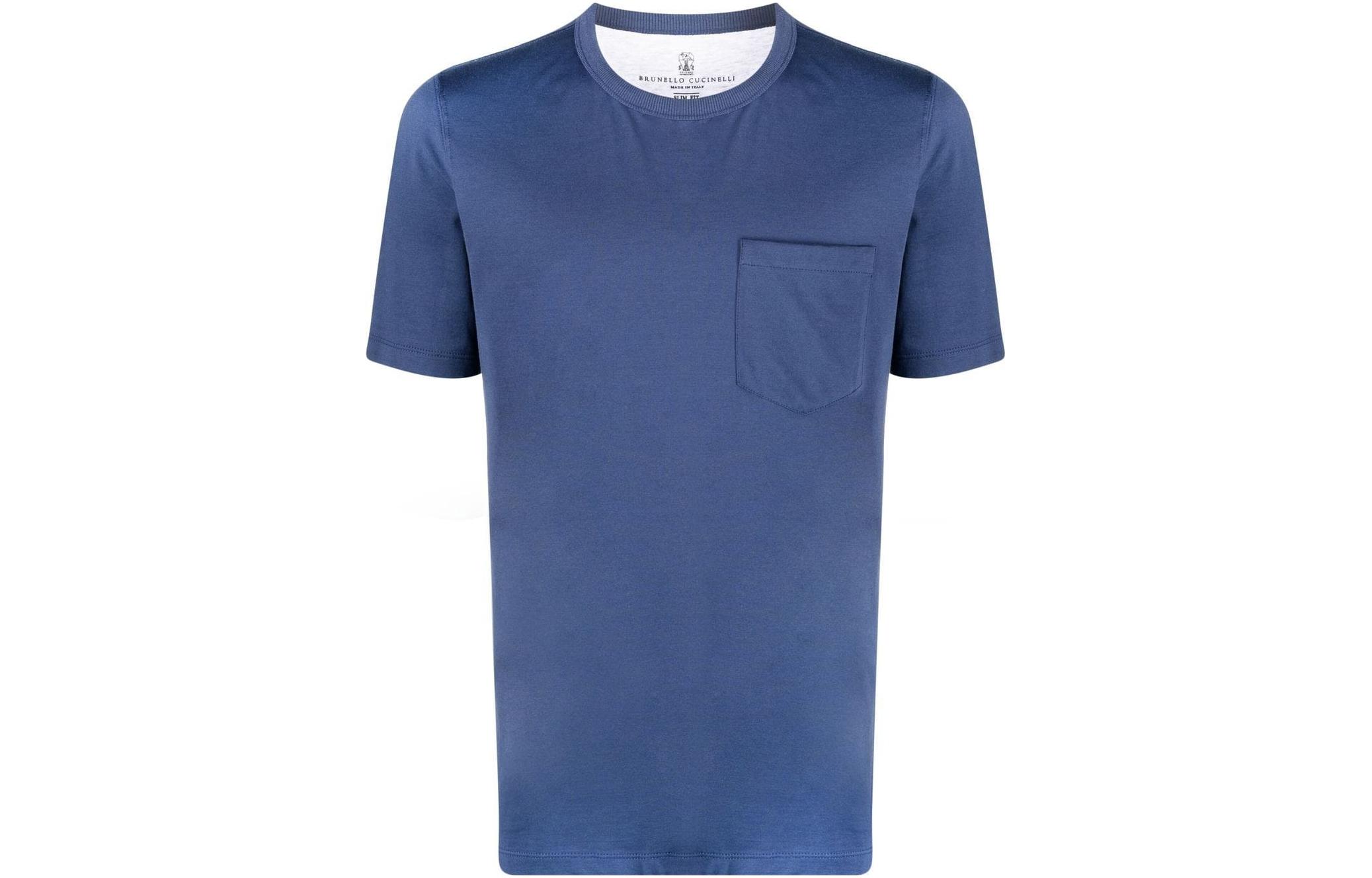 Order Brunello Cucinelli Kaos Pendek Biru Polos SS23 dengan Saku. M0T617187-C9674