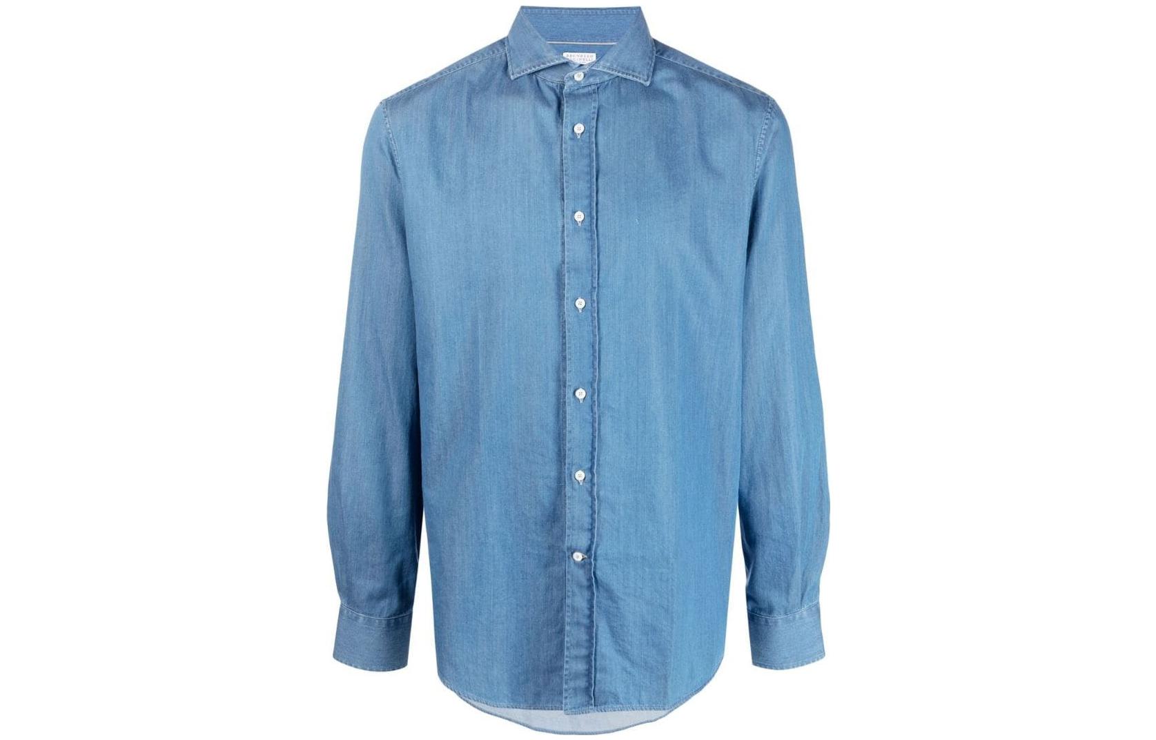 Brunello Cucinelli SS23  Denim Blue Collared Long-Sleeve Sun-Proof Shirt. MR6830627-C001