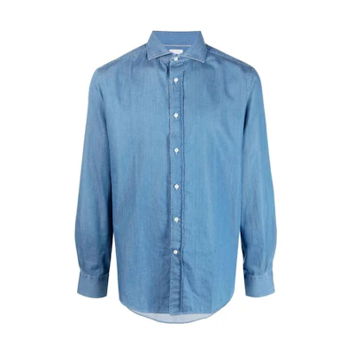 Brunello Cucinelli SS23 Denim Blue Collared Long-Sleeve Sun-Proof Shirt. MR6830627-C001