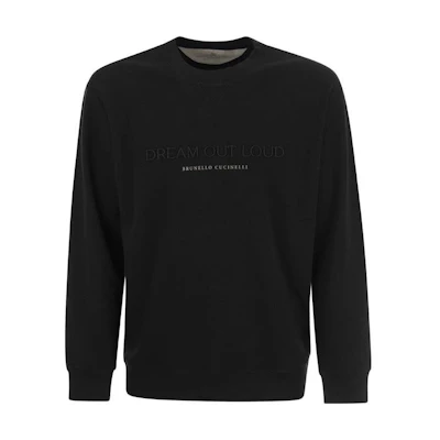 Brunello Cucinelli SS23 Black Crewneck Pullover Sweatshirt with Logo Print Men M0T353441-CXD62