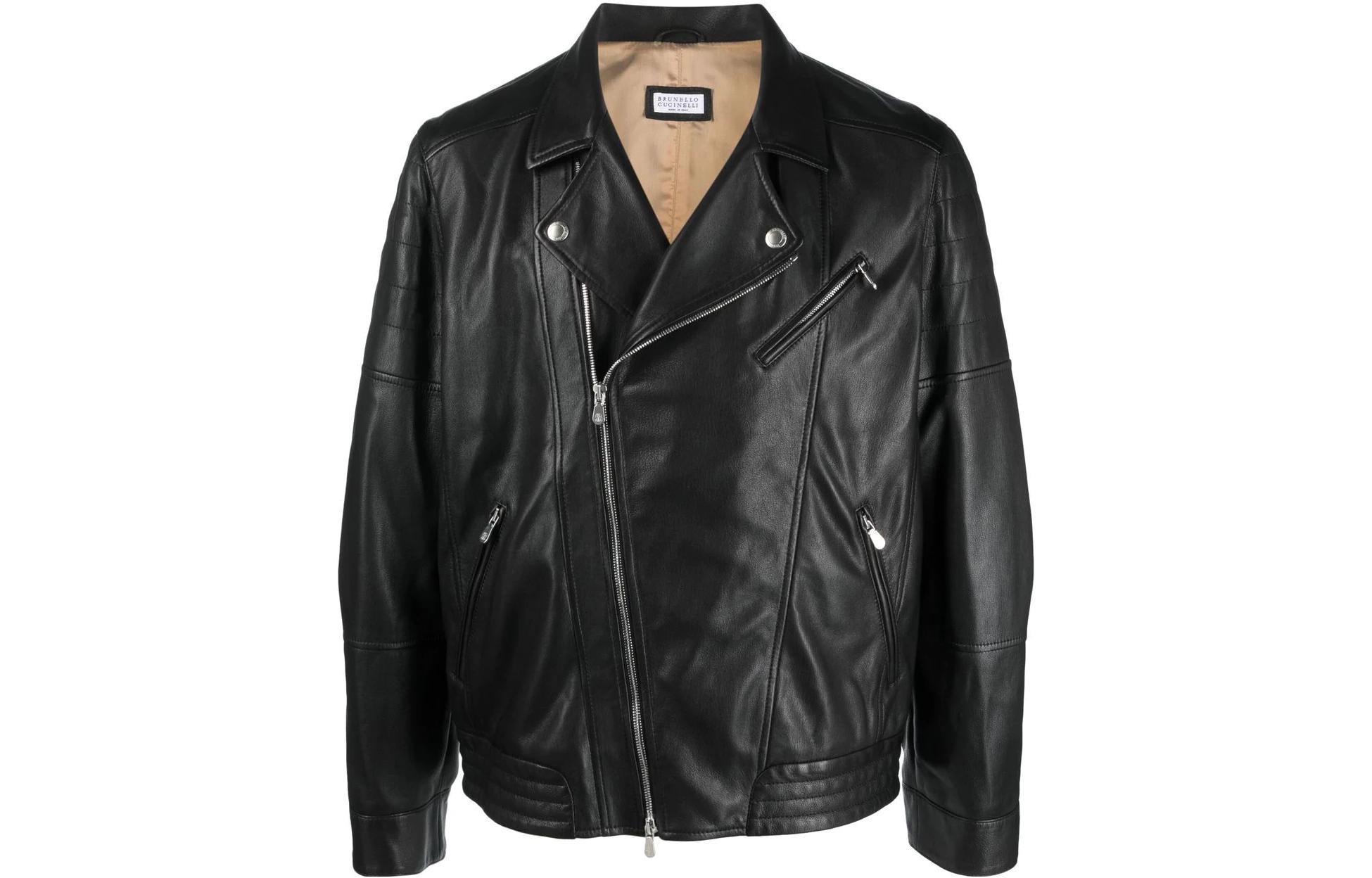 Brunello Cucinelli SS23 Black Solid Asymmetric Zipper Biker Jacket MPDAN1868-C101