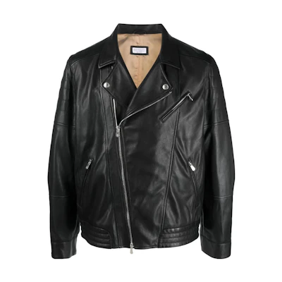 Brunello Cucinelli SS23 Black Solid Asymmetric Zipper Biker Jacket MPDAN1868-C101