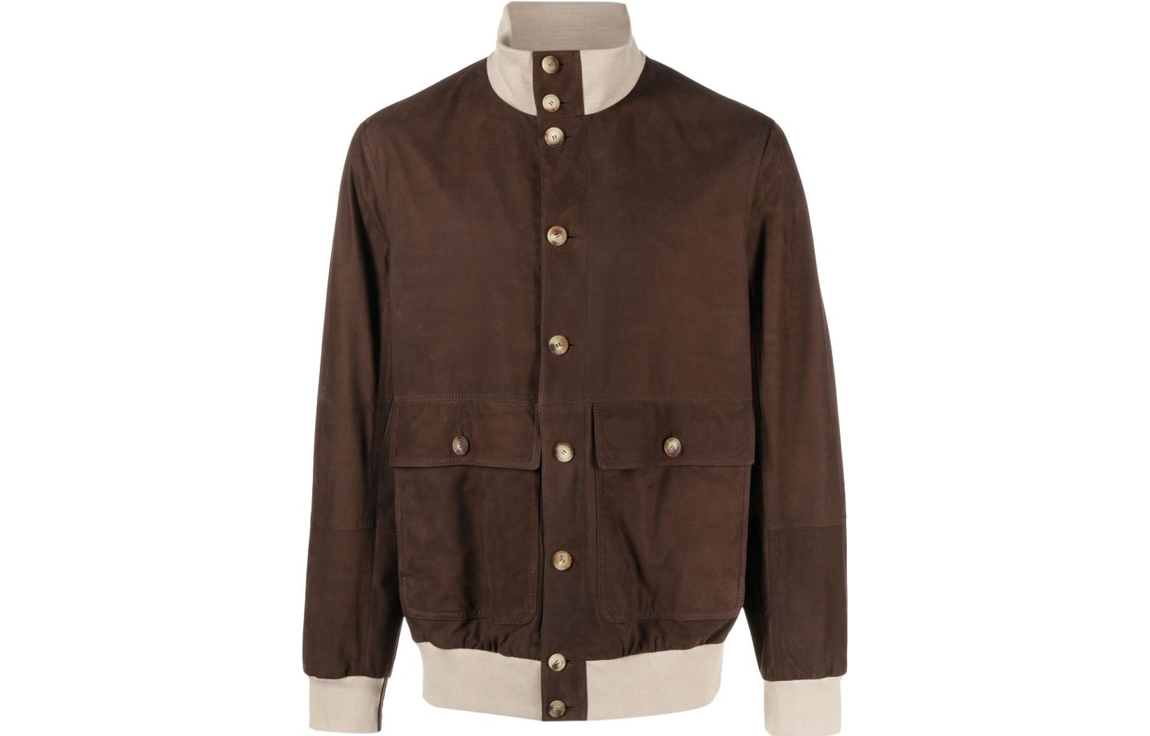 Brunello Cucinelli SS23 Colorblock High-Neck Button-Up Jacket in Wheat Brown MPLBY1929-CJT43