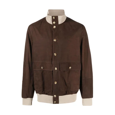 Brunello Cucinelli SS23 Colorblock High-Neck Button-Up Jacket in Wheat Brown MPLBY1929-CJT43