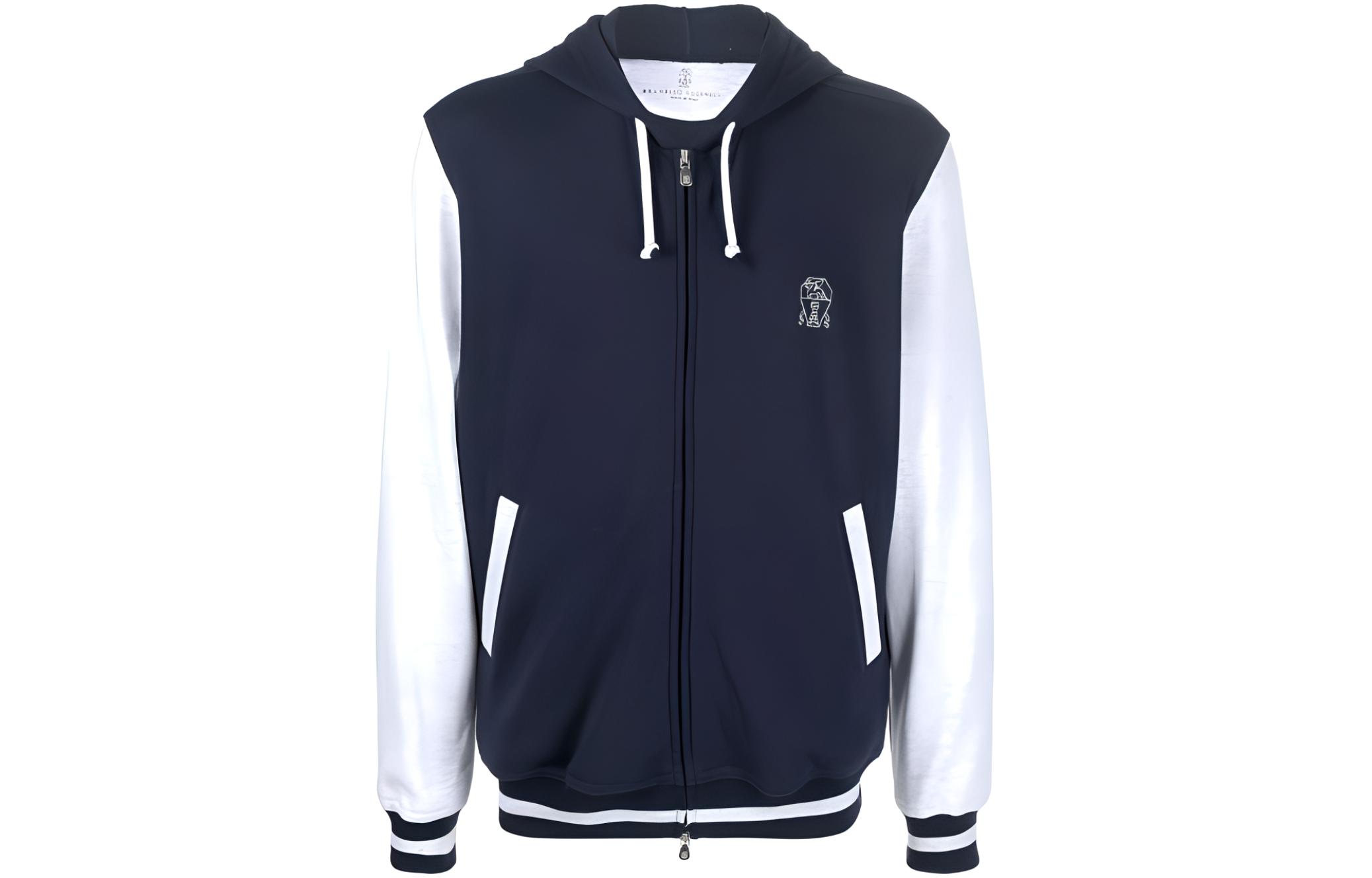 Brunello Cucinelli SS23 Colorblock Logo Embroidered Zip Hoodie Navy - Men’s M0T359042G-CW770