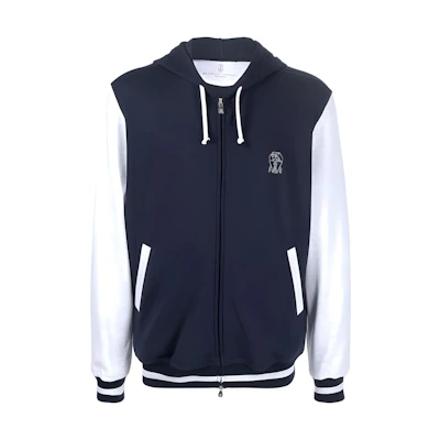 Brunello Cucinelli SS23 Colorblock Logo Embroidered Zip Hoodie Navy - Men’s M0T359042G-CW770