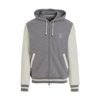 Brunello Cucinelli SS23 Colorblock Logo Hoodie Zip-Up Sweatshirt Men Grey M0T359042G-CB553