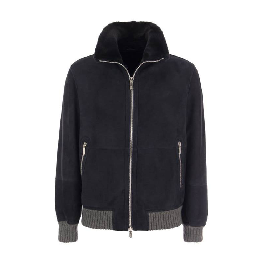 Brunello Cucinelli SS23 Lambskin Wool Trim Aviator Jacket Navy Blue AB017717