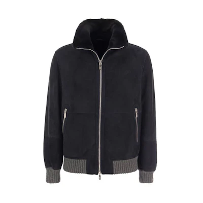 Brunello Cucinelli SS23 Lambskin Wool Trim Aviator Jacket Navy Blue AB017717