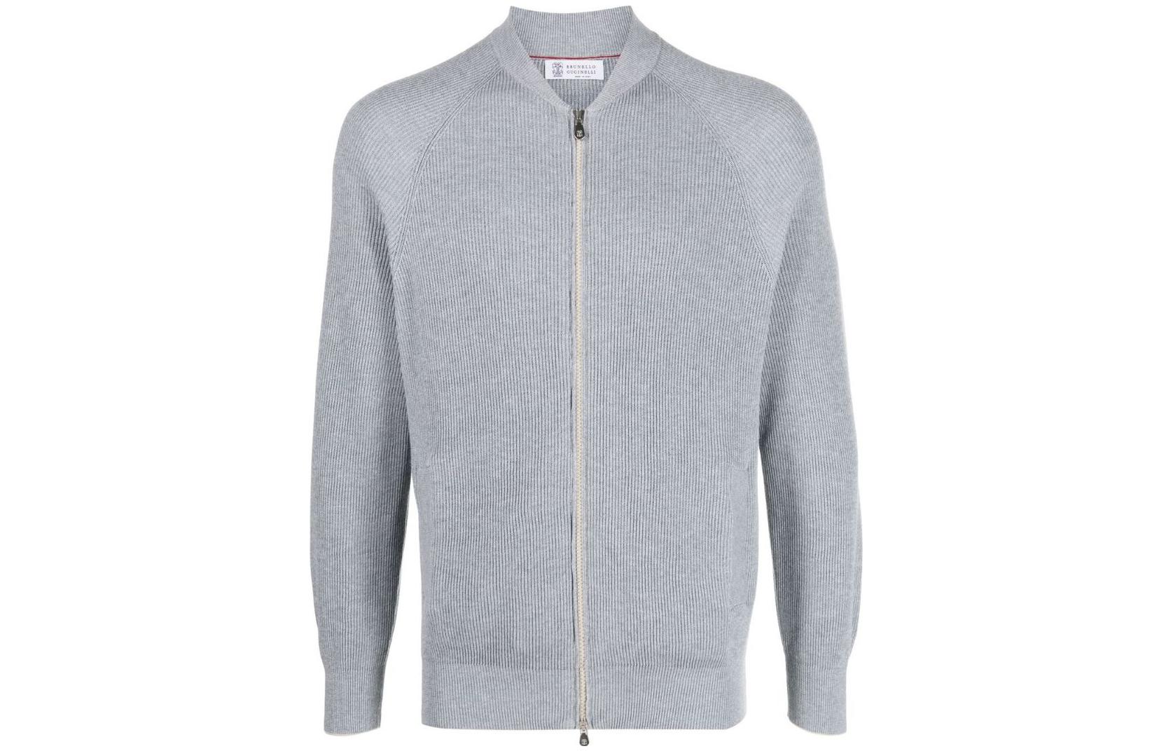 Brunello Cucinelli SS23 Light Gray Solid Ribbed Knit Zip-Up Hoodie M29400106-CY162