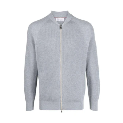 Brunello Cucinelli SS23 Light Gray Solid Ribbed Knit Zip-Up Hoodie M29400106-CY162