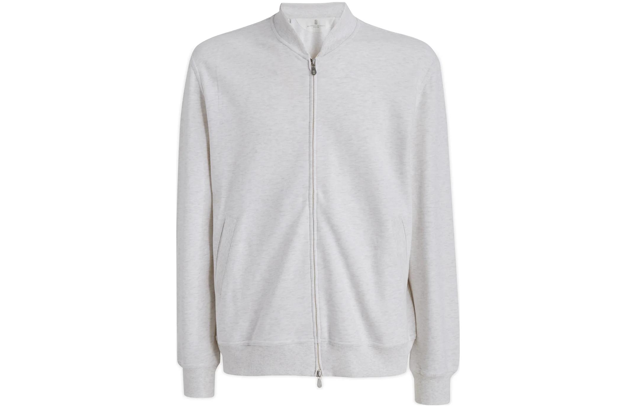 Brunello Cucinelli SS23 Light Grey Zip-Up Ribbed Baseball Collar Sweatshirt M0T359072G-C5917