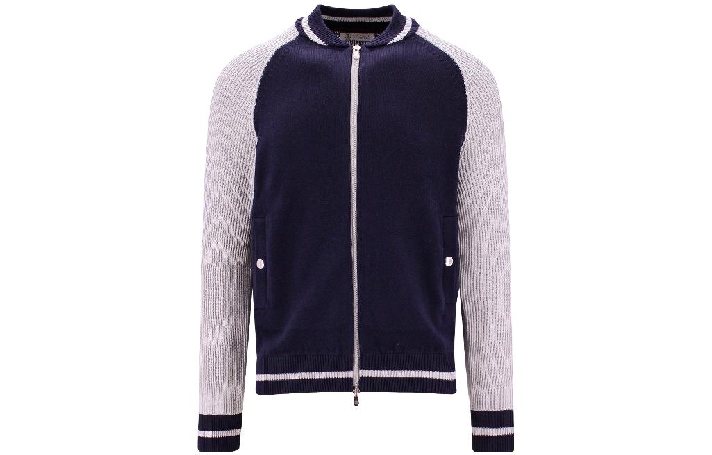 Brunello Cucinelli SS23 Navy Blue Zip-Up Sweatshirt with Striped Trim M28706201-CG826