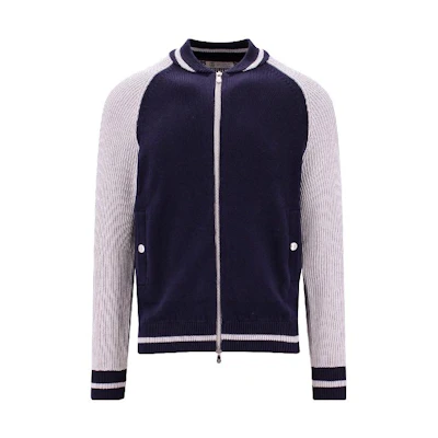 Brunello Cucinelli SS23 Navy Blue Zip-Up Sweatshirt with Striped Trim M28706201-CG826