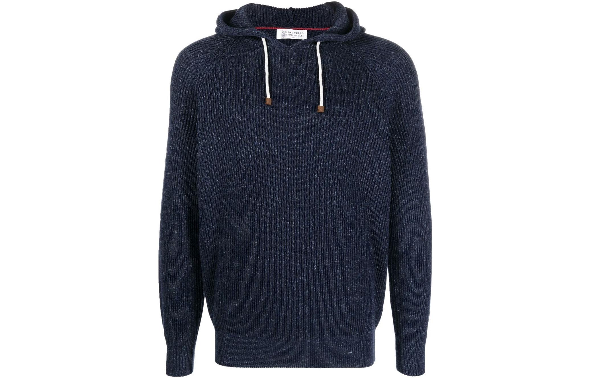 Brunello Cucinelli SS23 Navy Ribbed Knit Drawstring Hoodie MCH706109-CHS60