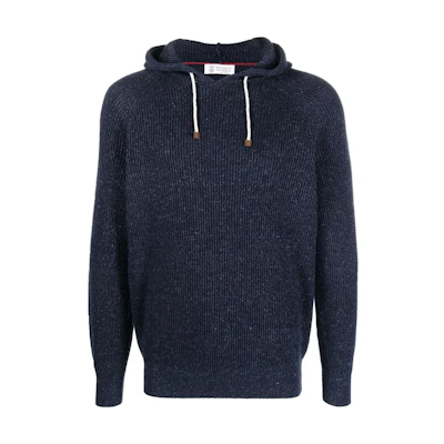 Brunello Cucinelli SS23 Navy Ribbed Knit Drawstring Hoodie MCH706109-CHS60