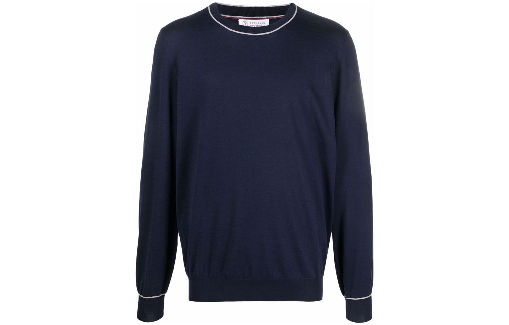 Brunello Cucinelli SS23 Navy Striped Trim Long-Sleeve Crewneck Sweatshirt M29802000-CTU35