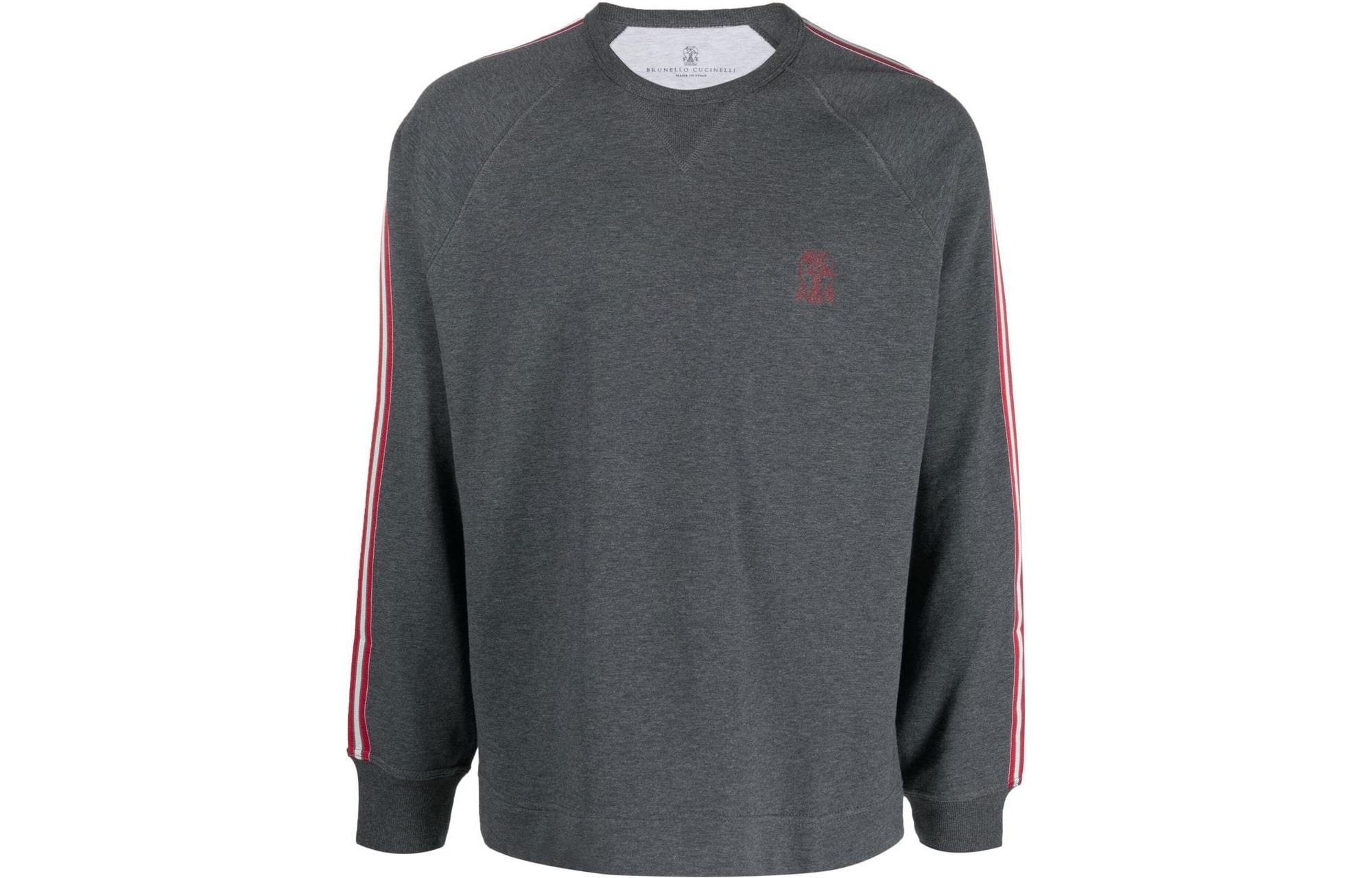 Brunello Cucinelli SS23 Side Stripe Logo Crewneck Long Sleeve Sweatshirt Dark Grey M0T359296G-CLP25