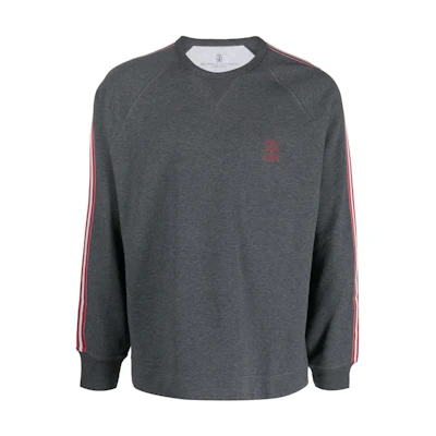 Brunello Cucinelli SS23 Side Stripe Logo Crewneck Long Sleeve Sweatshirt Dark Grey M0T359296G-CLP25