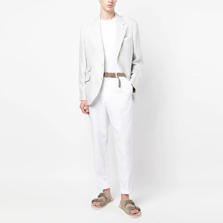 Lookbook 布奈罗库奇纳利 SS23 条纹单排扣西装外套 浅灰色夹克 MS4477BWD-C091