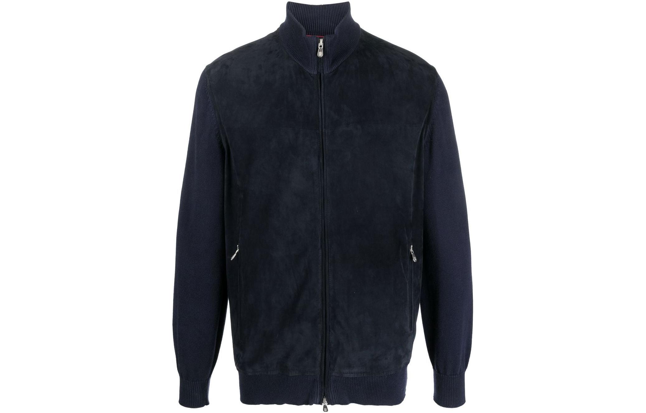 Brunello Cucinelli SS23 Suede Zip Long-Sleeve Jacket Navy Blue () MPCLL1935-CTZ90