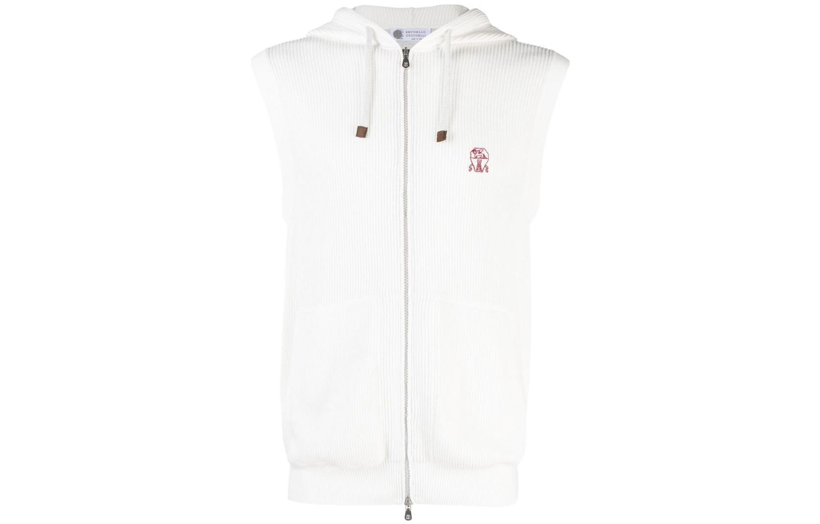Brunello Cucinelli SS23 White Ribbed Knit Sleeveless Hoodie M29200407G-CO312