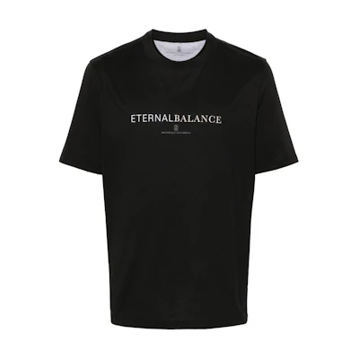 Brunello Cucinelli SS24 Black Crewneck Tee with Logo Print. M0B138433-CEB16