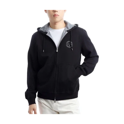 Brunello Cucinelli SS24 Black Logo Print Hooded Zip Hoodie. MM8319047G-CSQ44