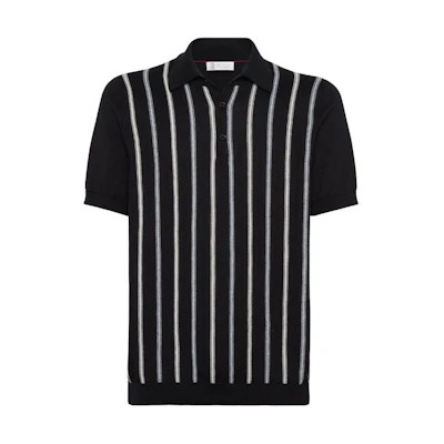 Brunello Cucinelli SS24 Black Striped Beaded Short-Sleeve Polo Shirt. M29804905-CUC27