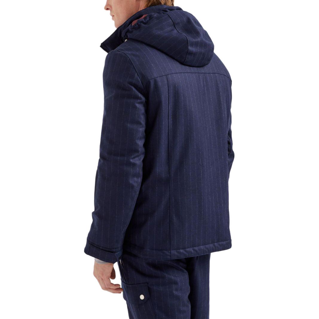 Shop Brunello Cucinelli SS24 藍色條紋印花拉鍊羽絨外套 M208MKG05-C010