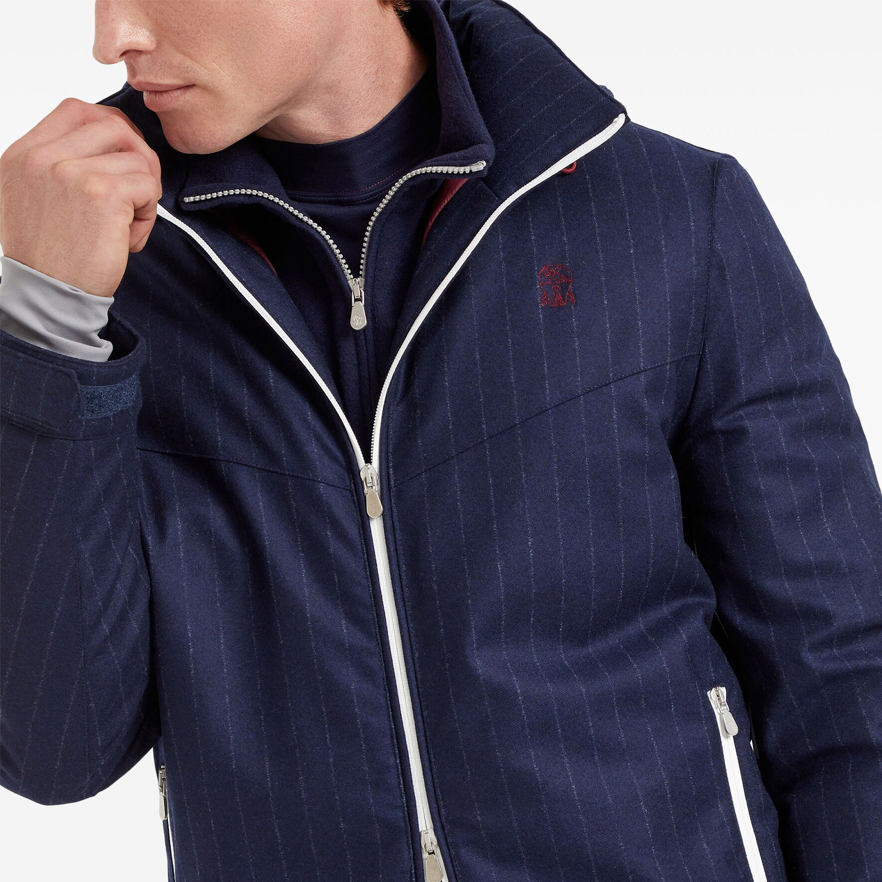 Details for Brunello Cucinelli SS24 藍色條紋印花拉鍊羽絨外套 M208MKG05-C010