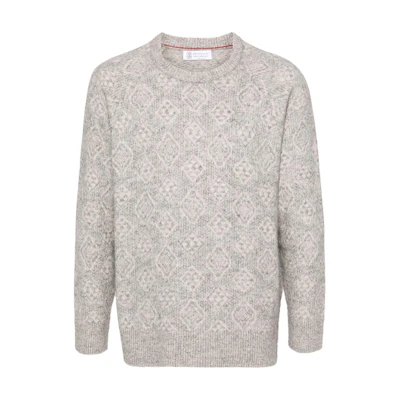 Brunello Cucinelli SS24 Grey Patterned Knit Crewneck Sweater - Long Sleeve. MSO708500-CEW58