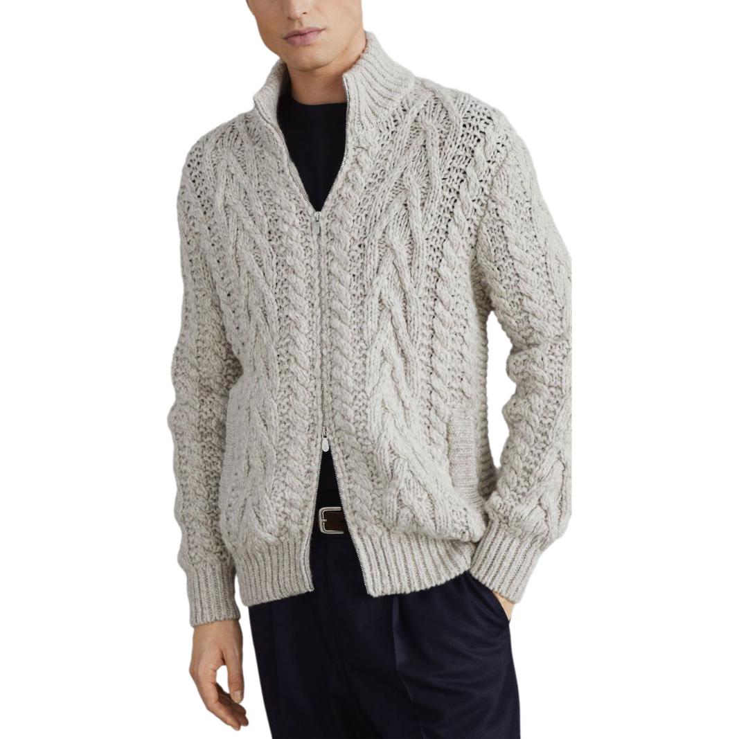 Shop Brunello Cucinelli SS24 象牙色高領長袖針織毛衣 M26301106-C4145