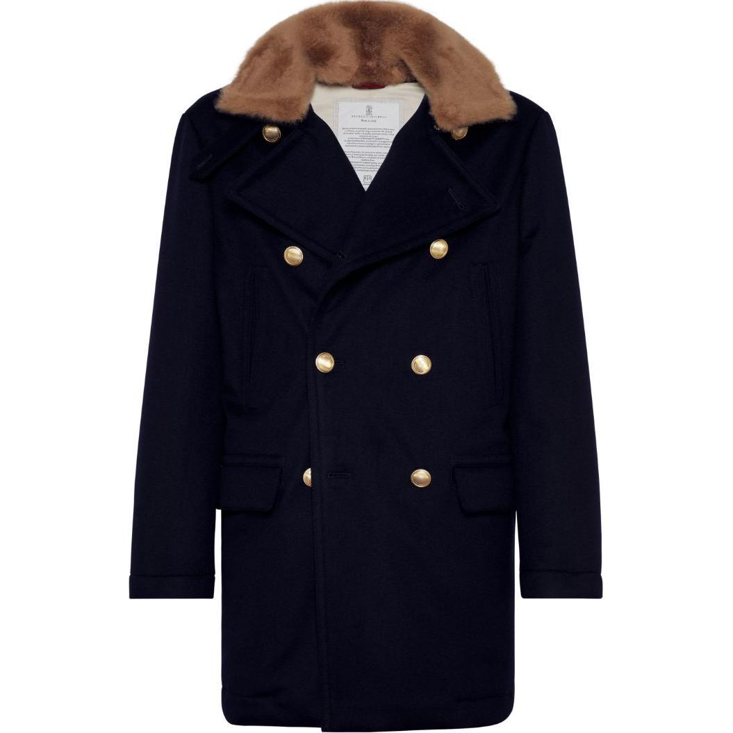 Order Brunello Cucinelli SS24 Mantel Biru Navy Double-Breasted dengan Kerah Bulu. MM4006341-CUS09