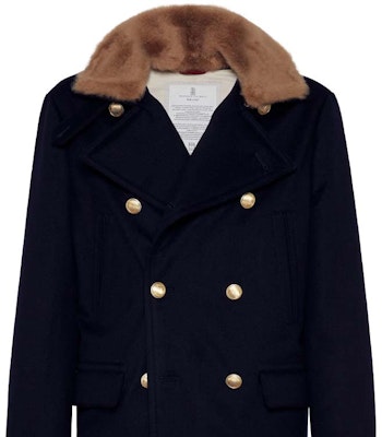 Brunello Cucinelli SS24 Mantel Biru Navy Double-Breasted dengan Kerah Bulu. MM4006341-CUS09 Purchase Brunello Cucinelli SS24 Mantel Biru Navy Double-Breasted dengan Kerah Bulu. MM4006341-CUS09