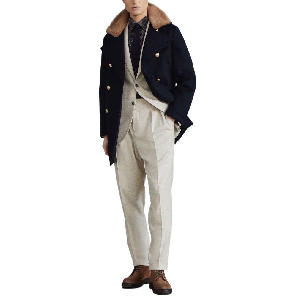 Details for Brunello Cucinelli SS24 Mantel Biru Navy Double-Breasted dengan Kerah Bulu. MM4006341-CUS09