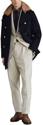 Brunello Cucinelli SS24 Mantel Biru Navy Double-Breasted dengan Kerah Bulu. MM4006341-CUS09 Details for Brunello Cucinelli SS24 Mantel Biru Navy Double-Breasted dengan Kerah Bulu. MM4006341-CUS09